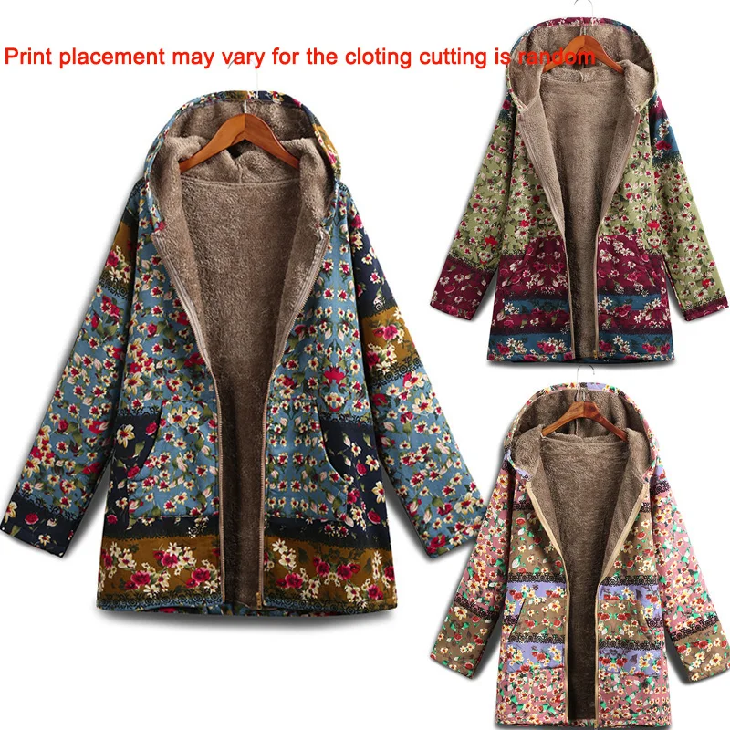 EaseHut Fall Long Hooded Coats Retro Floral Print Long Sleeve Autumn Lady Casual Parkas 5XL Plus Size Winter Women Jackets