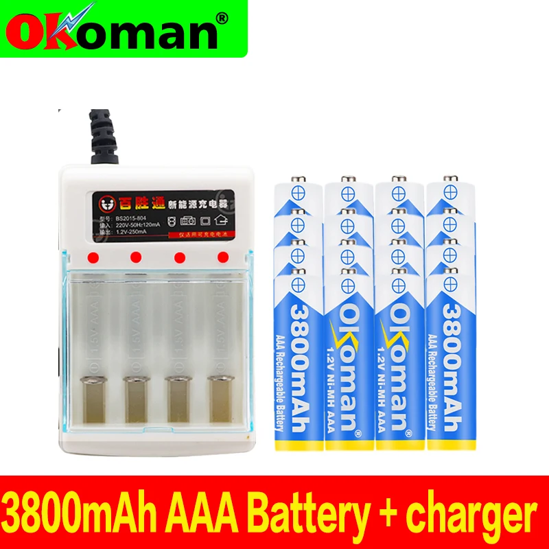 Figh quality 1.2V 3800mAh NI MH AAA Pre-Charged Ni-MH Rechargeable aa Battery For Toys Camera Microphone Batteries + Charger | Электроника