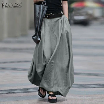 

2020 ZANZEA Women's Spring Sundress Elegant Cotton Maxi Skirts Summer Elastic Waist Long Vestidos Female Button Robe Plus Size