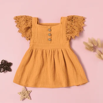 0-24M Newborn Infant Baby Girls Casual Dress Solid Color Short Fly Sleeves Clothing Yellow/ Grey Blue/ Pink/ Apricot 5
