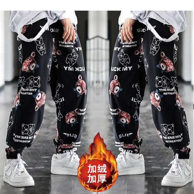 Fleece-forrado calças masculinas urso dos desenhos animados impresso  tornozelo com tiras calças outono inverno rua dança hip-hop moda solta  roupas masculinas - AliExpress