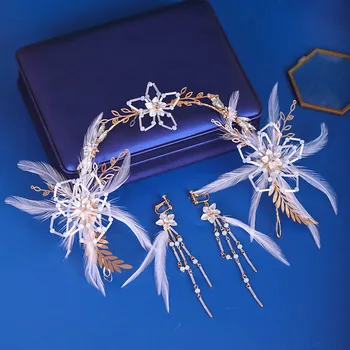 

ACRDDK Fairytale Wedding Hair Jewelry Set White Feather Hairband Earrings Sets Headband Tiara Jewelry Set Women Bride Jewelry SL