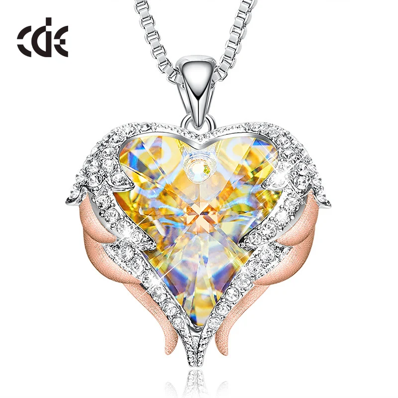 Gold AB color CDE Модные ангельские крылья кулон в форме сердца ожерелье с Кристаллы аметиста для женщин ювелирные украшения подарки на день Святого Валентина - Цвет камня: Gold AB color
