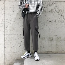 Хлопковые комбинезоны, мужские Модные однотонные повседневные рабочие брюки с несколькими карманами, мужские уличные свободные прямые брюки в стиле хип-хоп