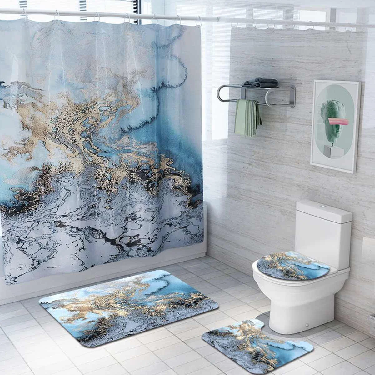 3pcs shower curtain 4 шт. набор/набор водонепроницаемых ковриков для ванной комнаты синий мраморный печатный набор крышка для унитаза украшение дома коврик для ванной комнаты душевая - Цвет: 3pcs shower curtain