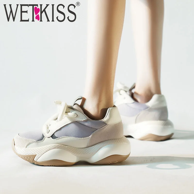 

WETKISS Cow Suede Shoes Fashion Casual Sneakers Shoes Women Clunky Lace Up Shoes Female Platform Flats Ladies Spring 2020
