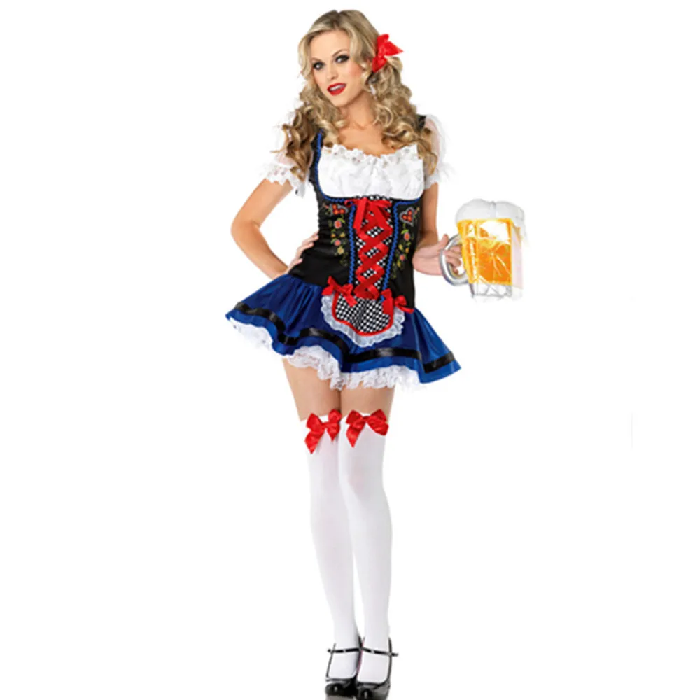 Womens German Blue Black Oktoberfest Beer Maid Dirndl Wench Dress Costume