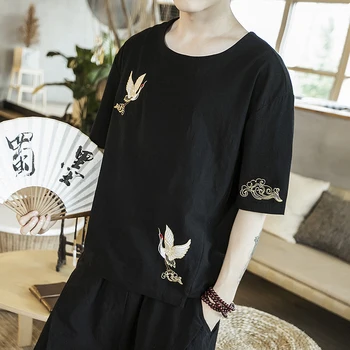 

Men's Cotton Summer Embroidered Short-sleeves Crew Neck Chinese Style T-shirt Male Black White Tees A77