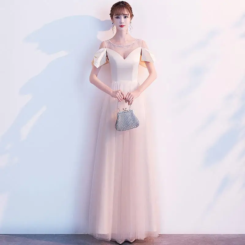 Женское платье для свадебной вечеринки с круглым вырезом и бантом, вечернее Ципао длиной до пола, Элегантное Длинное Платье в стиле ретро, Vestido XS-XXXL - Цвет: Шампанское