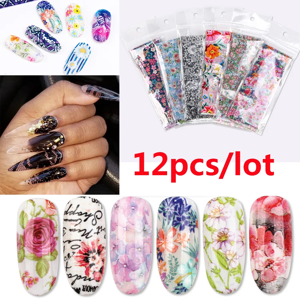 

12Pc/Lot Charm Nail Foils Polish Stickers Color Blooming Lace Flower Transfer Foil Wraps For Nail Art Decor Manicure Beauty Kits