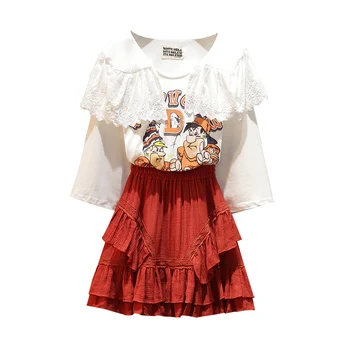

Vintage Shirt BoluseTops+skirt 2 Pieces Sets 2020 New Summer Lace Women sexy Large Plus Size Elegant Matching skirt Suit outfit