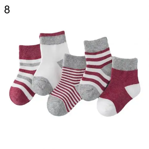 Wine Red S Модные детские носки, 5 пар, мягкие хлопковые носки в полоску для малышей, впитывающие пот, носки до середины икры для мальчиков и девочек 1-10 лет - Цвет: Wine Red S