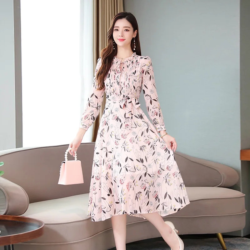 

Floral-Print Chiffon Dress Popular WOMEN'S Dress 2019 Autumn Clothing New Style Elegant Long Sleeve Skirt