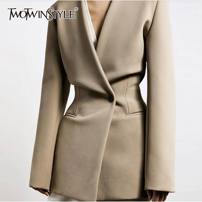 

TWOTWINSTYLE Casual Minimalist Style Women Blazer V Neck Long Sleeve High Wiast Tunic Slim Suit For Female Fashion 2020 Clothing