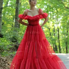 Красное платье в горошек с открытыми плечами для выпускного вечера, бальное платье с оборками на тонких бретелях, вечернее платье, Длинные вечерние платья, новинка