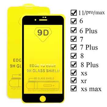 

100pcs/lot 9D full screen protector, protective glass for iphone 11 pro max X XS Max XR, tempered film for iphone 8 7 6 6S plus