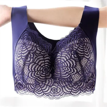 

2020 Push Up Bras For Women Lace Wire Free Gathered Underwear Thin Vest-style Enlarged Sports Sleep Gather Bra Blue 75C-120D
