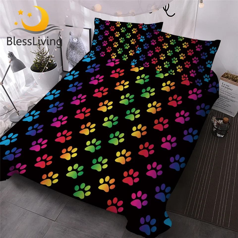 BlessLiving Kids Duvet Cover Rainbow Paw Bed Set 3 Pieces Cute Puppy Dogs Bedding Set for Teens Colorful Bedspreads King Posciel