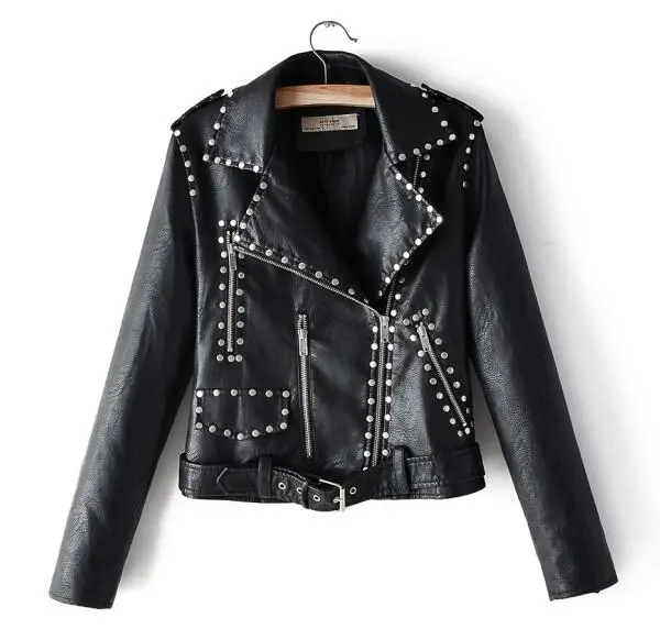 Женское короткое пальто Куртки из искусственной кожи мягкая Высококачественная женская повседневная одежда красный желтый черный заклепки XL Прямая поставка ремень - Цвет: AM973 Black