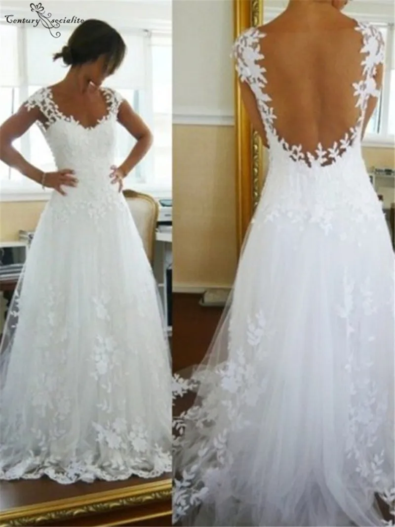 

Lace Wedding Dresses 2020 A-Line Cap Sleeves Illusion Back Cheap Bride Dress Bridal Gowns Vestido De Noiva