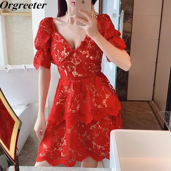 

High Quality Self Portrait Dress 2020 New High Quality Red Lace Hook Flower Hollow Dress Women V-neck Backless Summer Dress