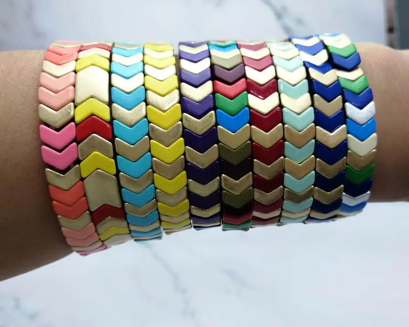 ZWPON Painted Metallic Chevron Bangles Elastic Herringbone Boho Bracelets Women V Shape Arrow Bangles Jewelry Wholesale