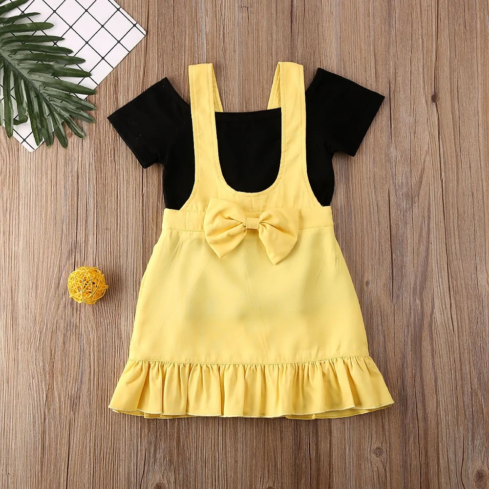 Модные комплекты одежды для маленьких девочек, От 1 до 6 лет Однотонная футболка с короткими рукавами, платье на бретелях с оборками