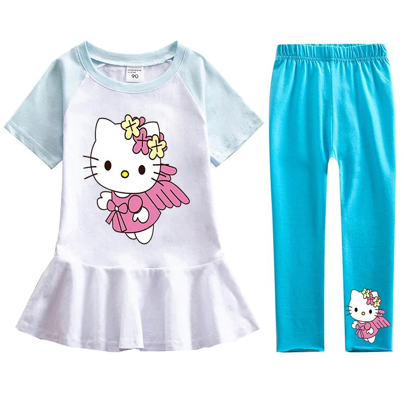 thumbnail image 1 of Ropa para niños de Hello Kitty, vestido de manga corta de algodón, pantalones, traje para niñas, falda de princesa de dibujos animados a la moda + Pantalones de dos piezas, 1 of 5