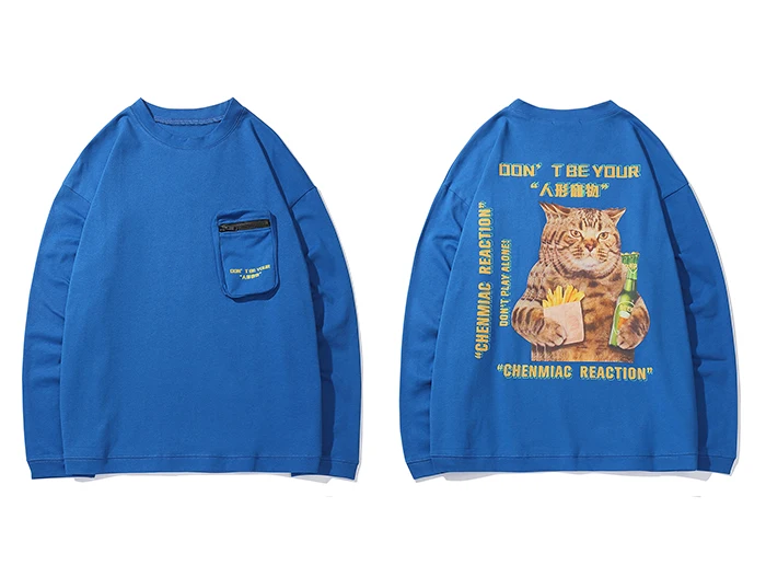 Aelfric Eden японский стиль толстовки мужские осенние Harajuku уличная кошка с буквенным принтом длинный рукав Повседневный хлопковый пуловер - Цвет: Синий