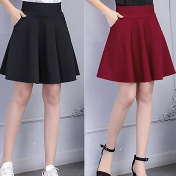 

2020 Women Skirts Solid Color High Waist Casual Ladies Mini Skirts Fashion New A Line PocketsFemale School Skirt