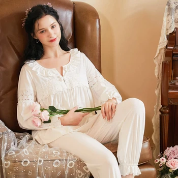 

Autumn winter ladies sweet princess pajamas retro plus size palace style long-sleeved loose home service two-piece suit JJF0161