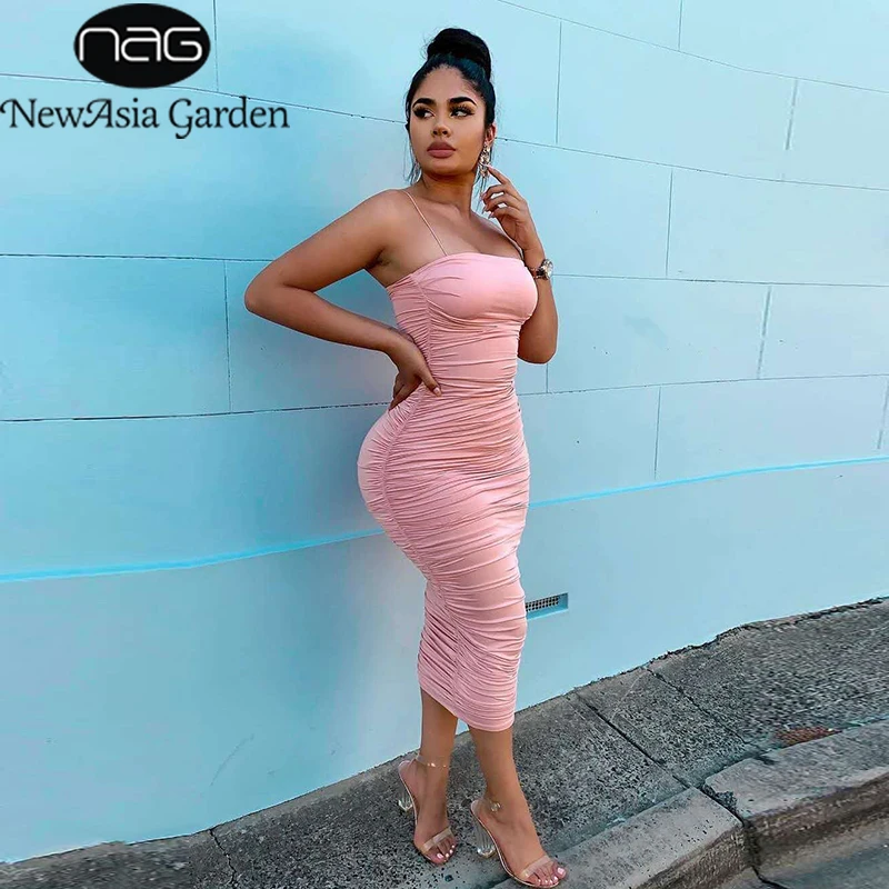 Prezzo NewAsia 2 Strati Delle Donne del Vestito Lungo Aderente Midi Vestito Sexy Eleganti Vestiti Da Partito Del Club Off Spalla Increspato Vestito Dalla Matita Rosa robe