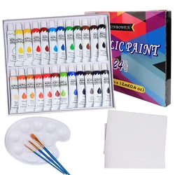 24 Colors Acrylic Paints Professional Brush Set 12ml Tube for Artist Drawing Painting Pigment Canvas, Wood, Fabric Acrylic Paint