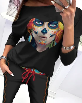 

2020 Women Fashion Elegant Casual Spring Long Sleeve T Shirts Long Pants Set Round Neck Face Print Striped Top & Pants Set