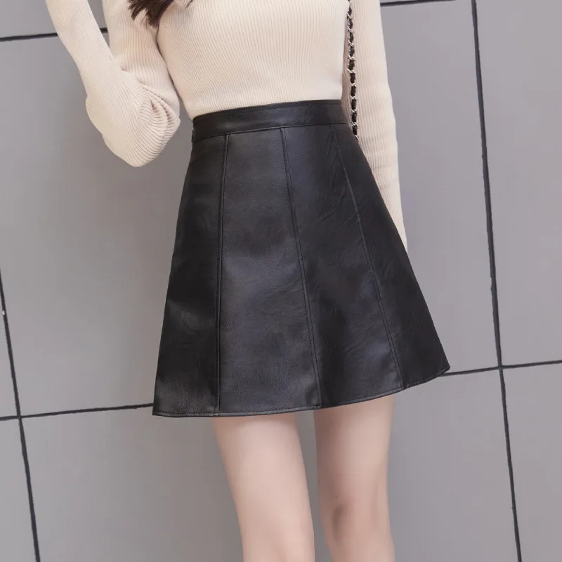 

PU Leather Short Skirt Autumn New A line Short Skirt High Waist Slimming Skirt Korean Style Anti empty Half length skirt Female