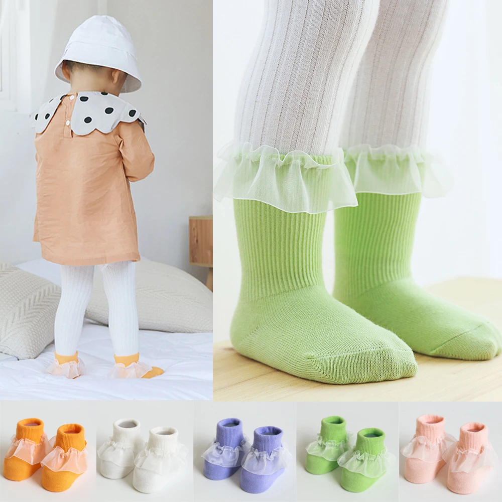Милые детские носки для маленьких девочек хлопковые носки с кружевными оборками Нескользящие теплые носки принцессы с оборками для маленьких девочек 1 пара От 0 до 5 лет