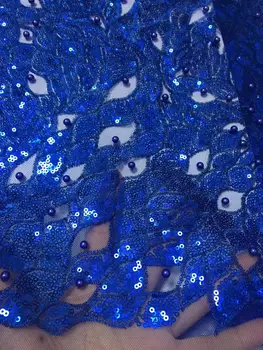 

New 3d flower beaded fabric nigerian wedding dress lace 2019 french luxury embroidered tulle fabric with beads sequins Navy Blue