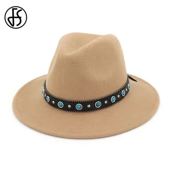 

FS Autumn Winter Unisex Wool Jazz Hat Cap Panama Fedora Hats with Leather Rivet Decorated Trilby Felt Chapeau for Men Women