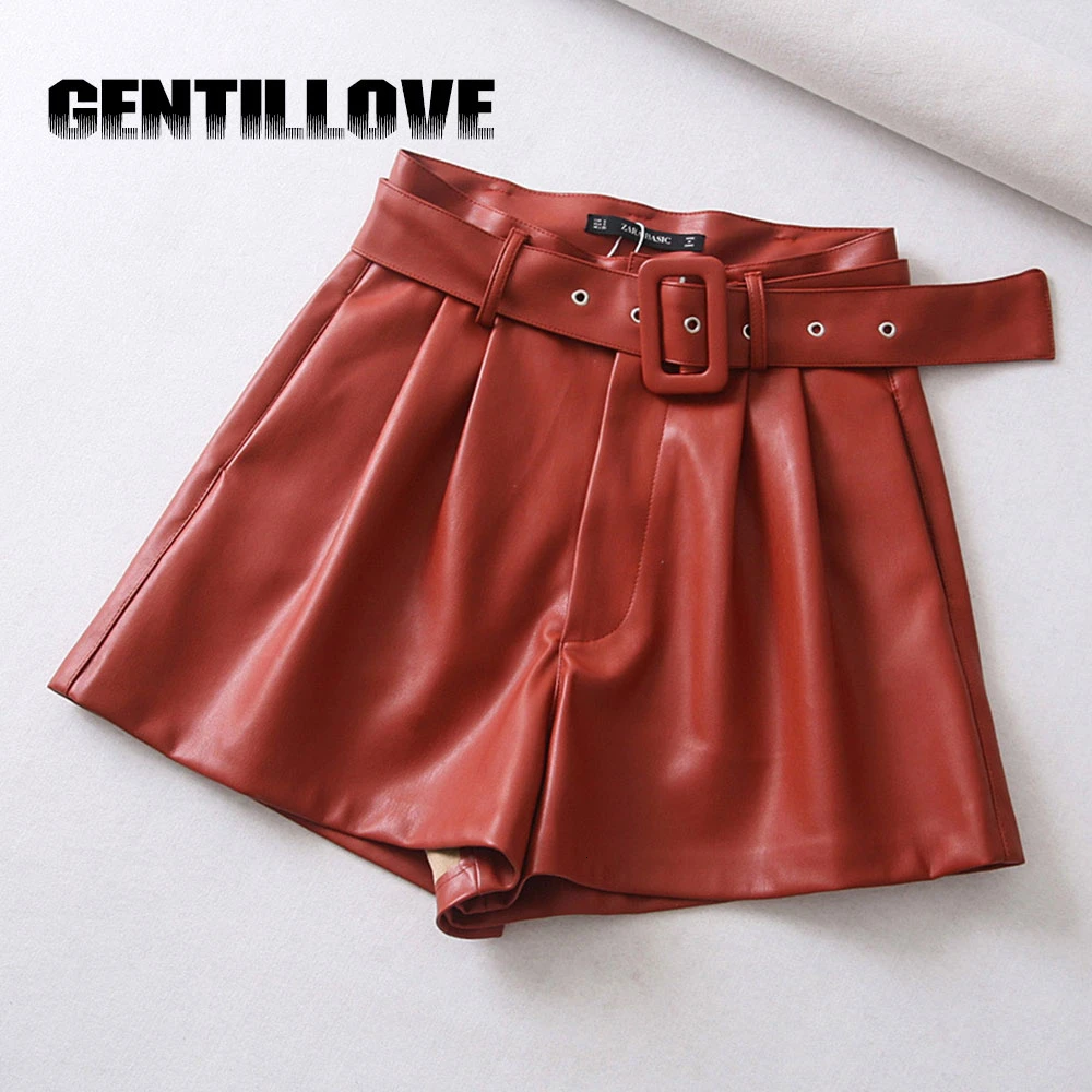 Gentillove Elegant High Waist Wide Leg PU Leather Shorts Casual Solid Loose Leather Shorts Ladies Cool Punk Faux Leather Shorts
