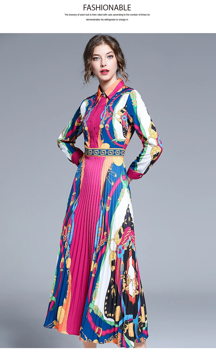 Ранняя осень Новая женская Европейская станция подиума модели контрастного цвета печатных с длинным рукавом лацканом Плиссированное миди платье