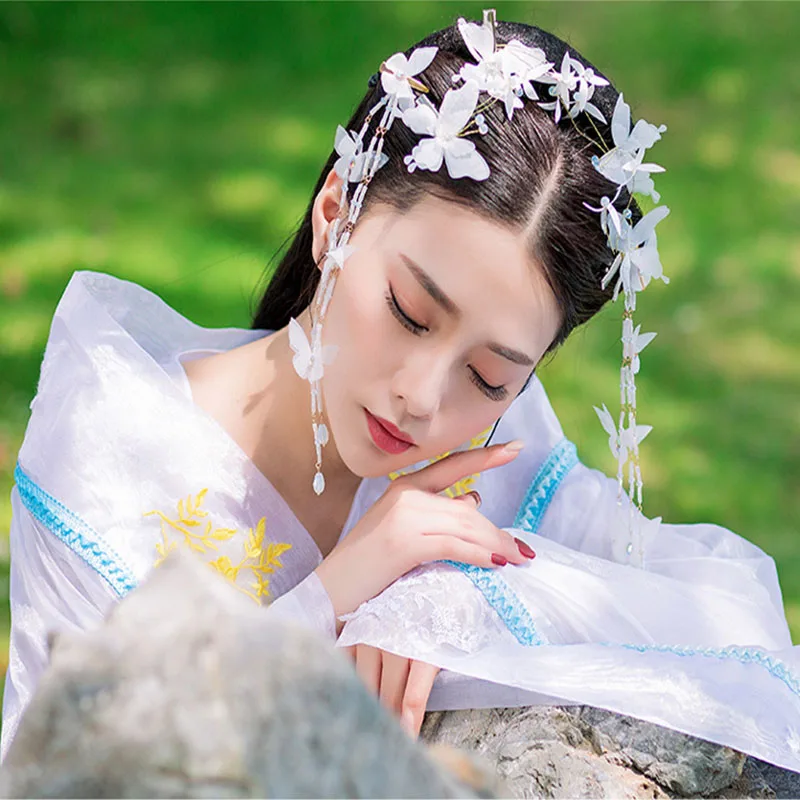 QIANJI китайский Hanfu супер фея кисточкой головной убор полный набор красивая бабочка ювелирное изделие в виде заколки аксессуары для волос заколка для волос