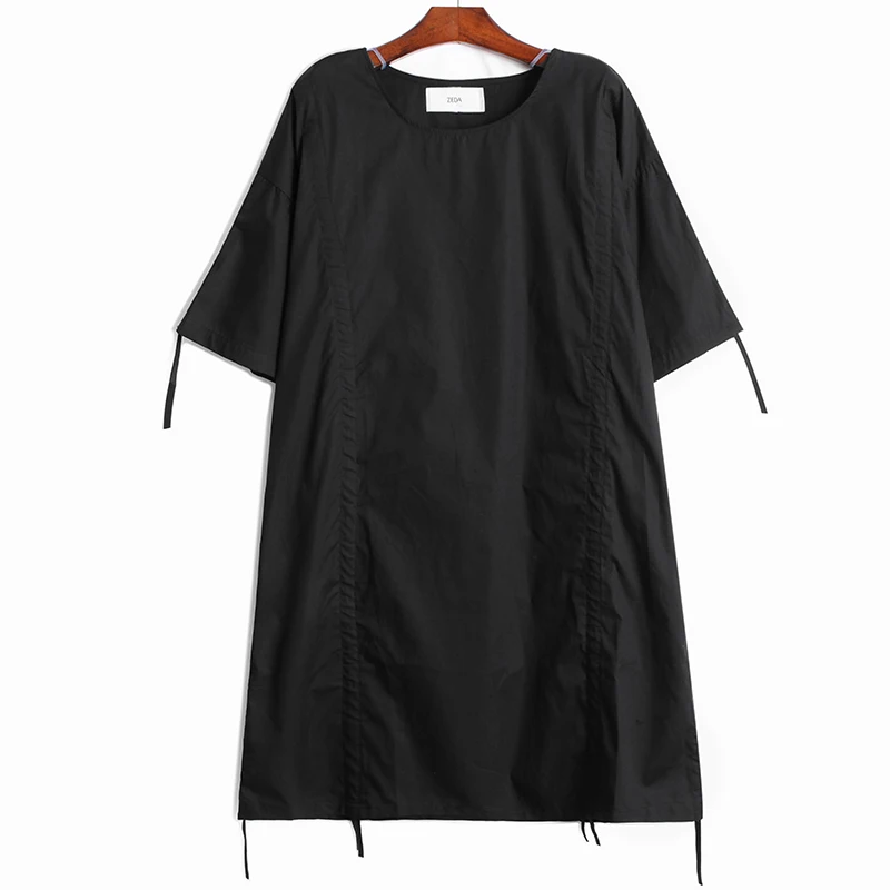 

Women Black Big Size Casual Drawstring Dress New Round Neck Short Sleeve Loose Fit Fashion Tide Spring Summer 2021 Z675
