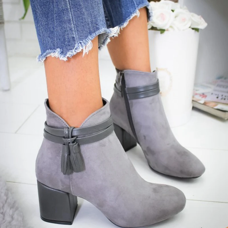 Laamei/; женские ботинки; ботильоны из флока; женские ботинки; сезон весна-осень; женские вечерние ботинки из эластичной ткани в западном стиле; большие размеры 35-42 - Цвет: gray