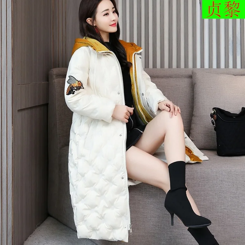 

Winter Fashion Cotton-padded Clothes 2018 New Style WOMEN'S Dress Popular Small Bee Embroidered Korean-style Exta-long down Jack