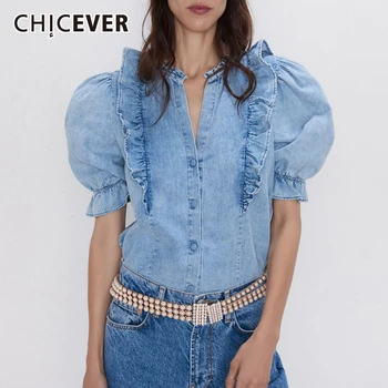 

CHICEVER Casual Patchwork Ruffle Shirt For Women Puff Sleeve V Neck Denim Streetwear Shirts Female 2020 Summer Fashion New