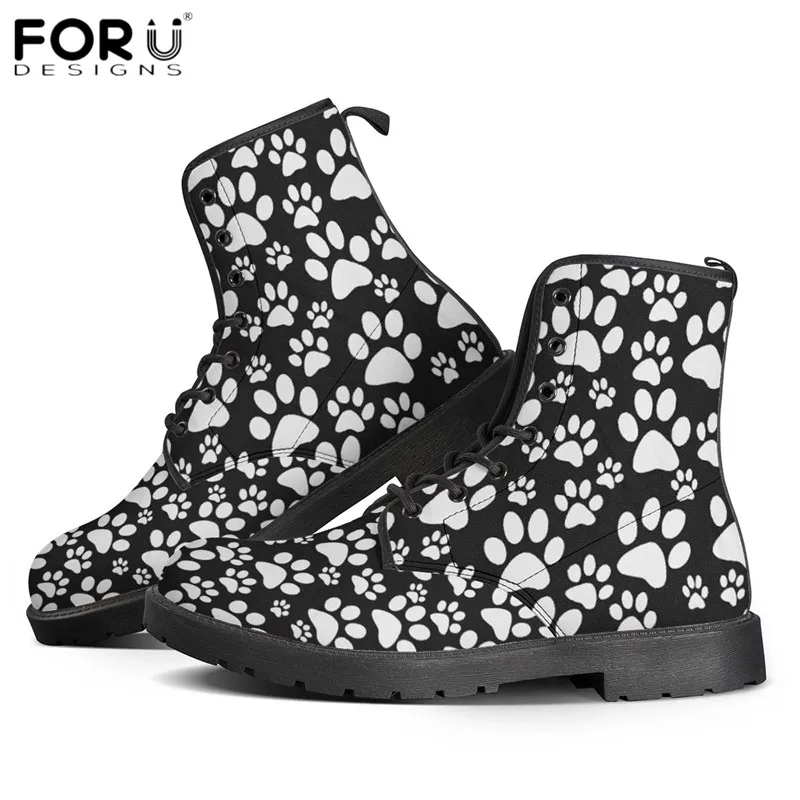 

FORUDESIGNS Dog's Paw Print Women Boots Cute Cartoon PU Leather Motorcycle Boots for Ladies Warm Winter Boots Round Toe Shoes