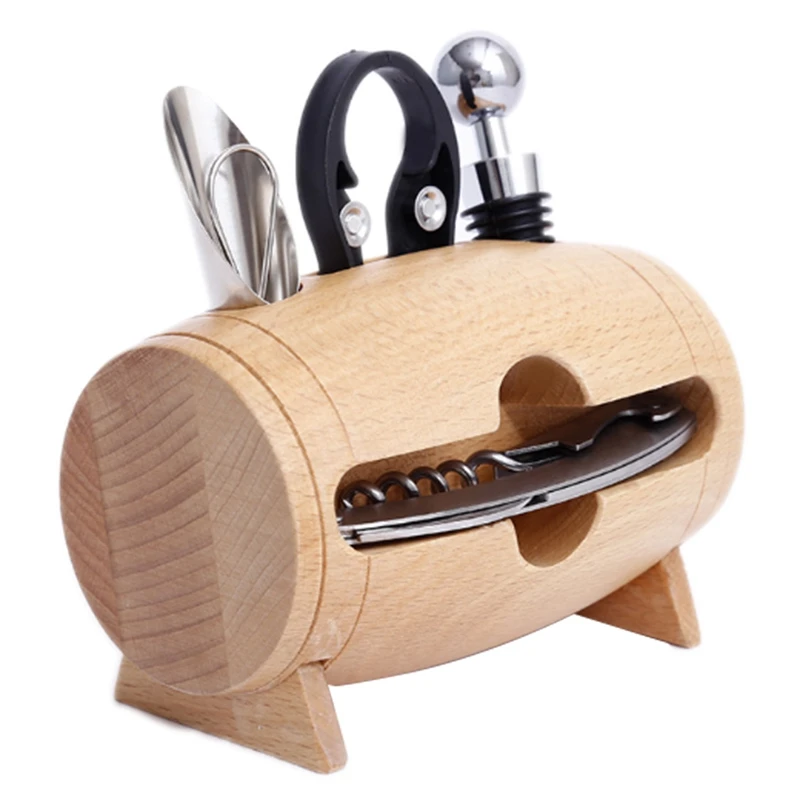 

4 Pieces Bar Tool Set Wine Bottle Opener with Wood Box Stand Corkscrew Pourer Bottle Opener Accessory Home Visit Gift
