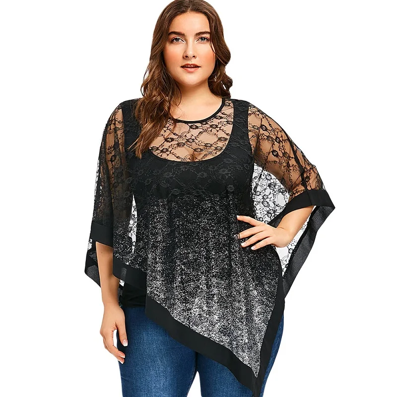 Wipalo Женская мода размера плюс 5XL прозрачная Асимметричная Кружевная блуза Летняя туника с рукавом три четверти и круглым вырезом - Цвет: Black