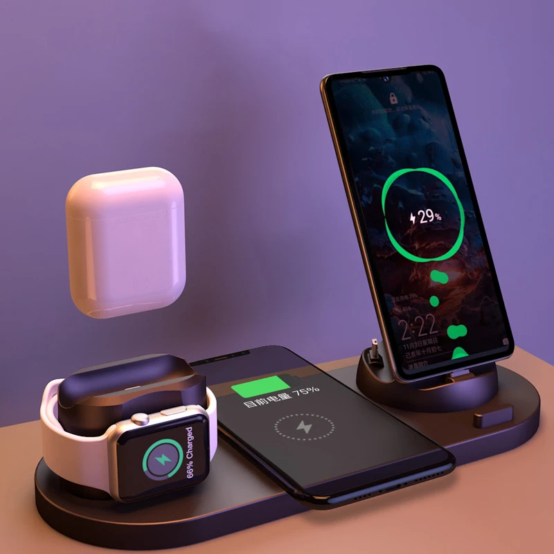 6 In 1 Wireless Charging Stand for Apple Watch 6 5 4 3 IPhone 12 11 X XS XR 8 Plus Airpods Pro Android Qi Fast Wireless Charger
