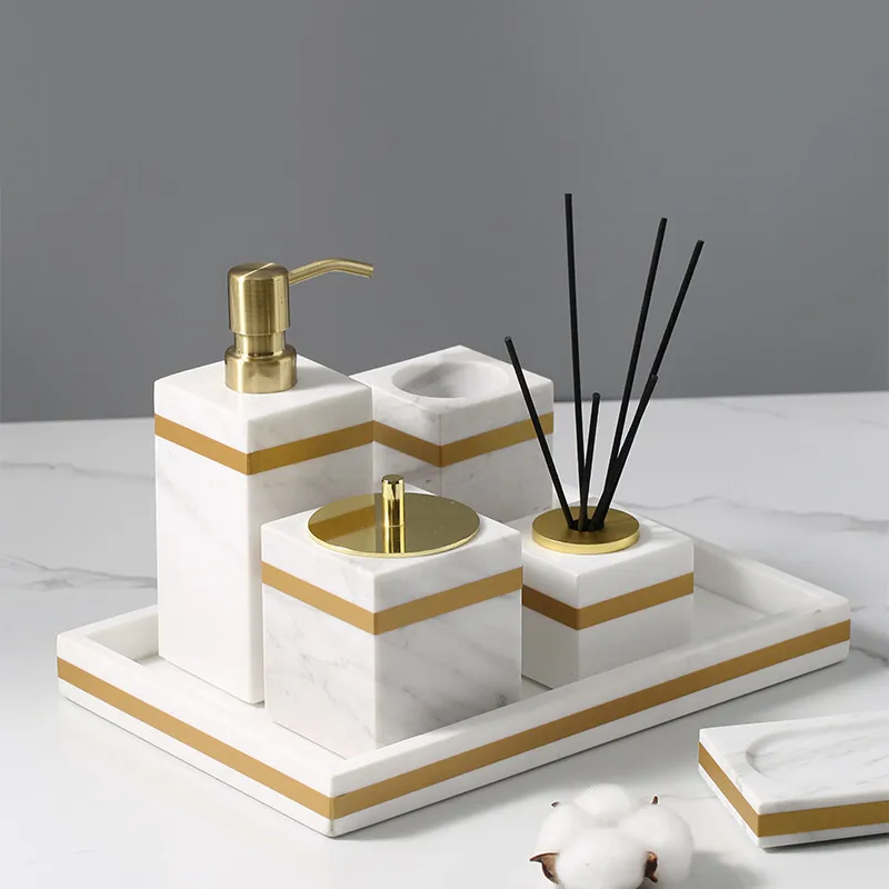 Bathroom Accessories Marble Soap Dispensers/Dish Toothbrush Holder Gargle Cups Tray Wedding Gifts Gold Head White By Piece